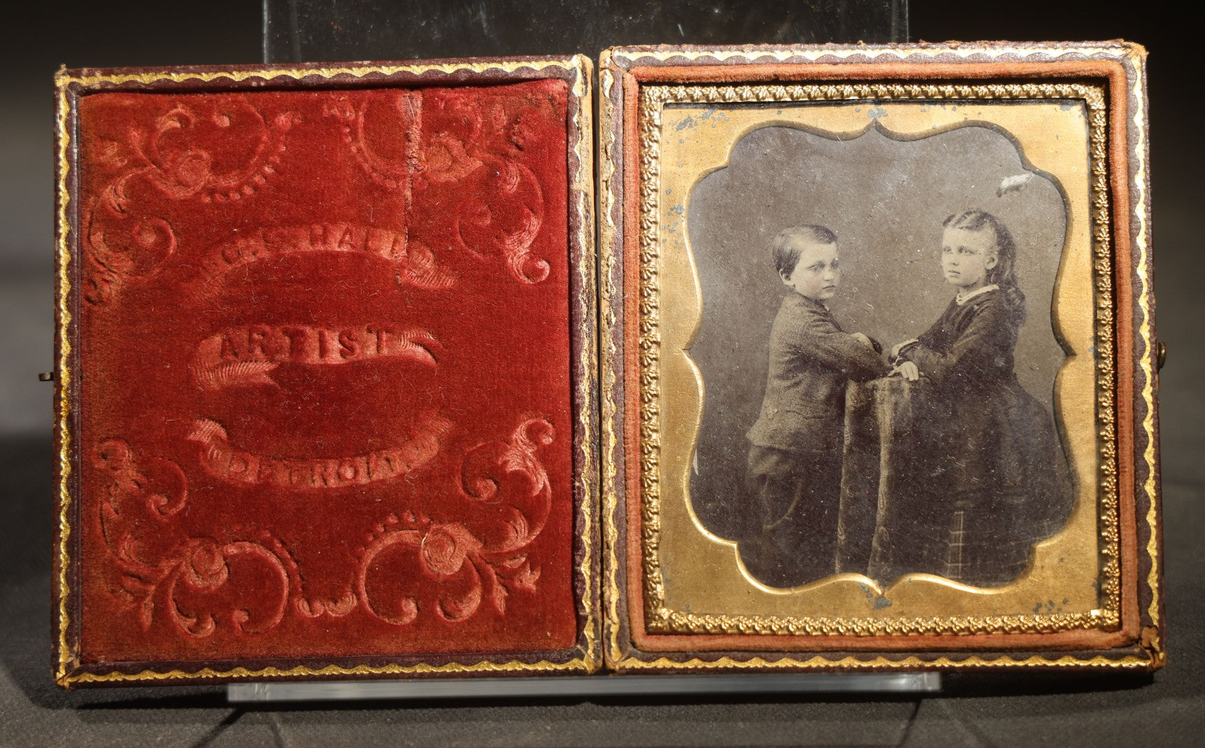 Antique 1/6th Plate Tintype Photograph of Two Children in Full Split Leatherette Case, Identified as Miriam and Joe Jones, case from G.E. Hall Artist Detroit Michigan