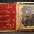 Lot 087 - Antique 1/6th Plate Tintype Photograph of Two Children in Full Split Leatherette Case, Identified as Miriam and Joe Jones, case from G.E. Hall Artist Detroit Michigan
