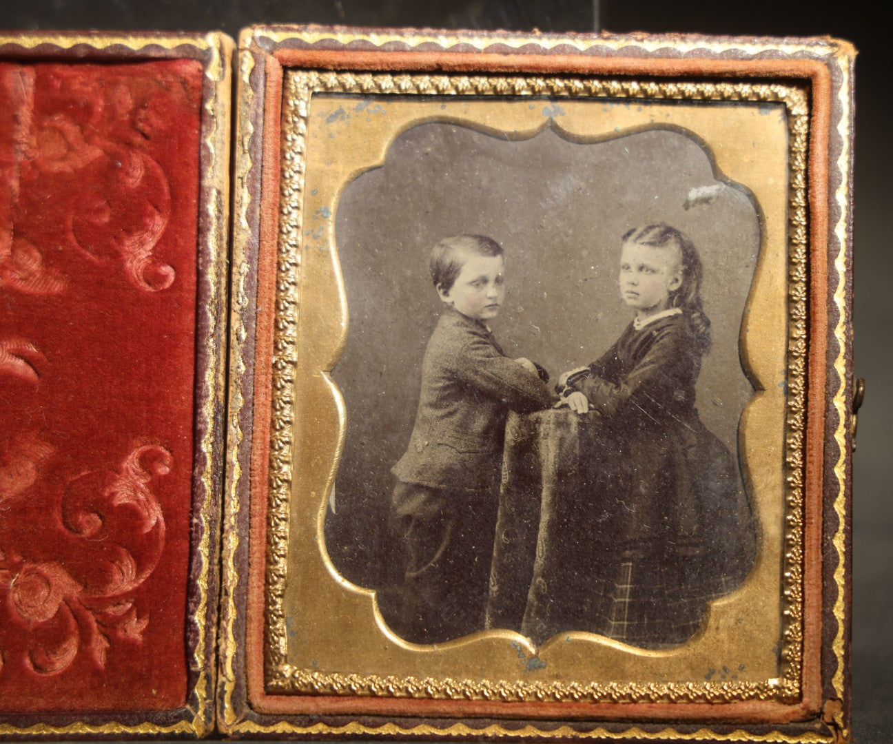 Antique 1/6th Plate Tintype Photograph of Two Children in Full Split Leatherette Case, Identified as Miriam and Joe Jones, case from G.E. Hall Artist Detroit Michigan