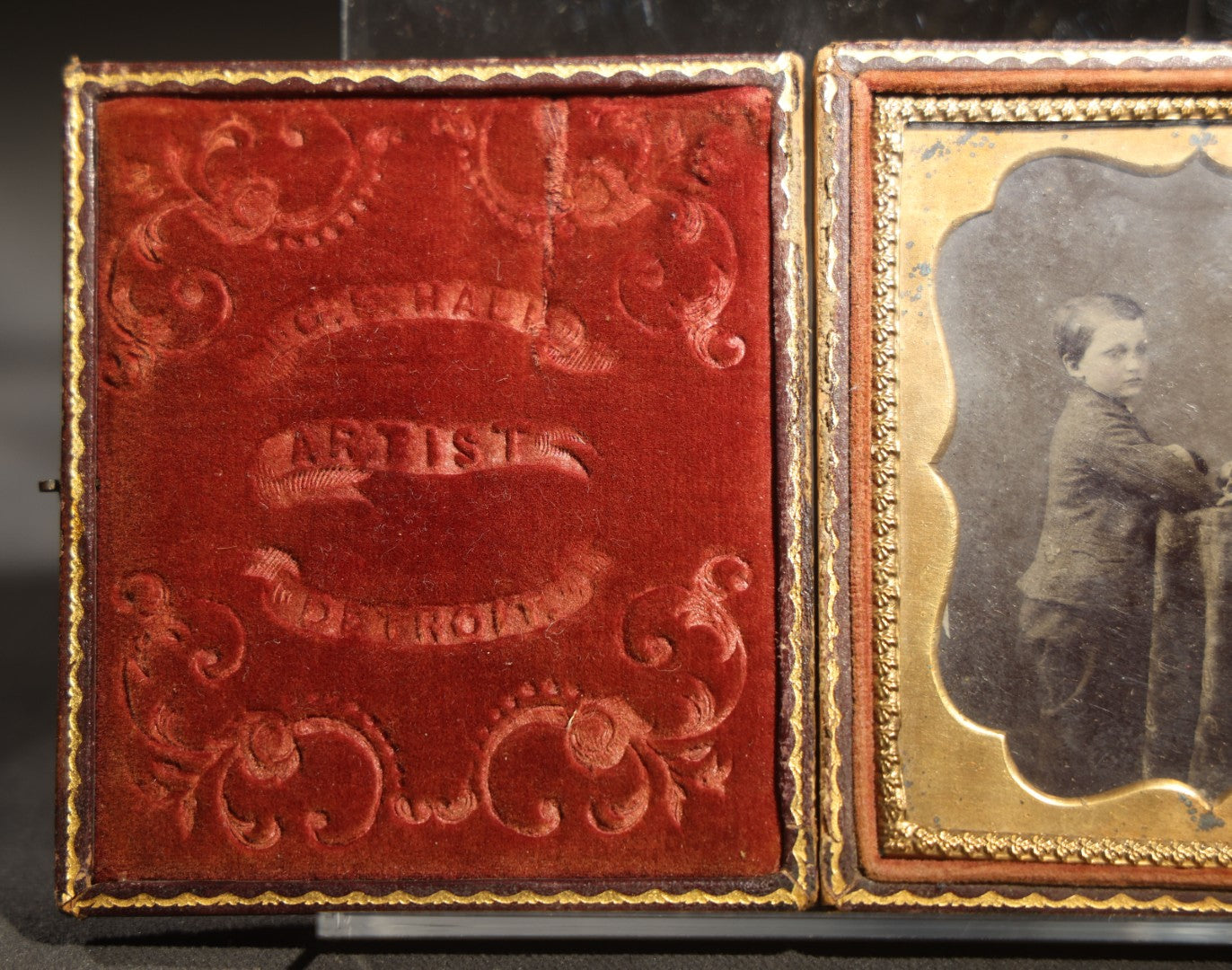 Antique 1/6th Plate Tintype Photograph of Two Children in Full Split Leatherette Case, Identified as Miriam and Joe Jones, case from G.E. Hall Artist Detroit Michigan