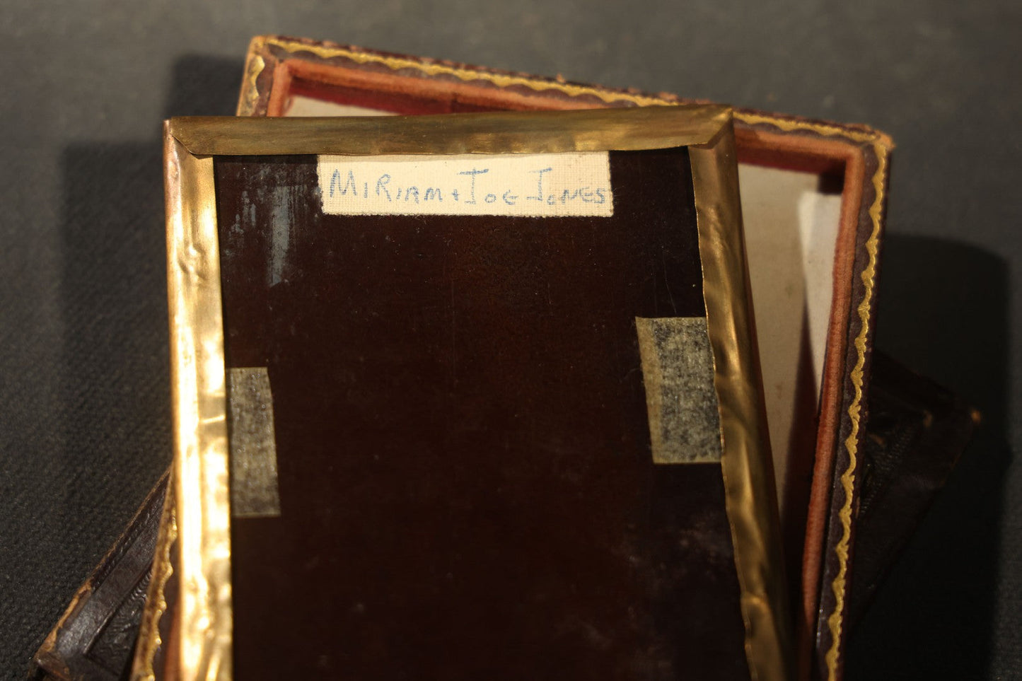 Antique 1/6th Plate Tintype Photograph of Two Children in Full Split Leatherette Case, Identified as Miriam and Joe Jones, case from G.E. Hall Artist Detroit Michigan