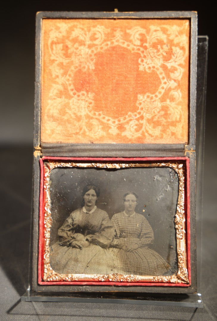 Antique 1/6th Plate Tintype Photograph of Two Women in full split leatherette union case, Wear to Photo, Case Split and Taped