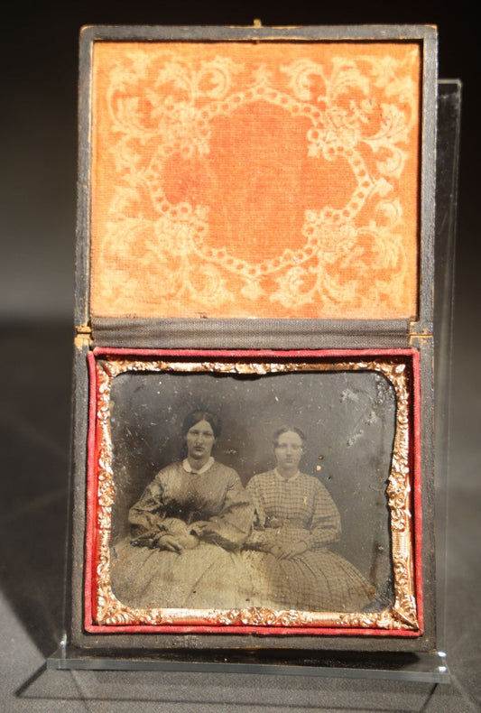 Antique 1/6th Plate Tintype Photograph of Two Women in full split leatherette union case, Wear to Photo, Case Split and Taped