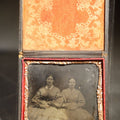 Lot 088 - Antique 1/6th Plate Tintype Photograph of Two Women in full split leatherette union case, Wear to Photo, Case Split and Taped