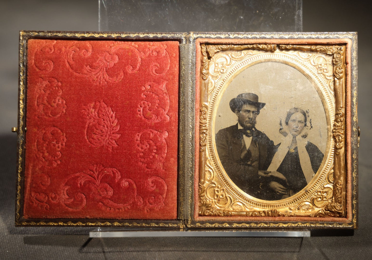 Antique 1/6th Plate Tintype Photograph of Man and Woman Holding Hands in Full Intact Leatherette Union Case