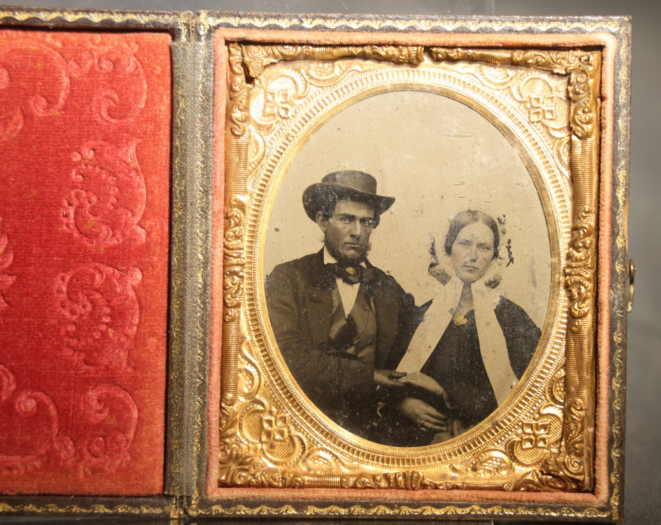 Antique 1/6th Plate Tintype Photograph of Man and Woman Holding Hands in Full Intact Leatherette Union Case