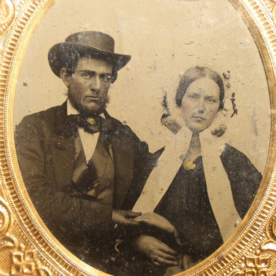 Antique 1/6th Plate Tintype Photograph of Man and Woman Holding Hands in Full Intact Leatherette Union Case