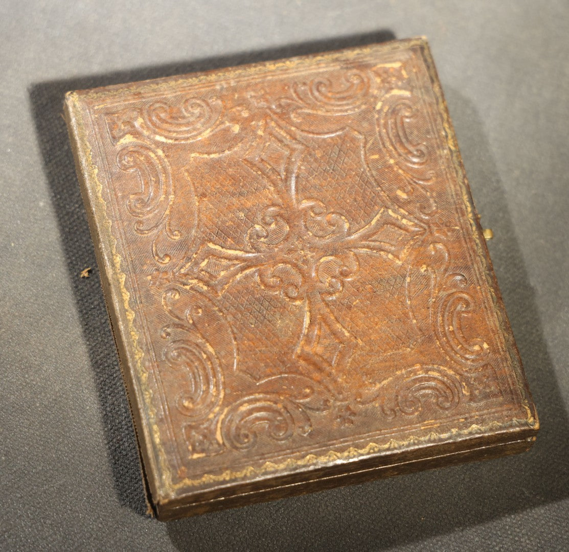 Antique 1/6th Plate Tintype Photograph of Man and Woman Holding Hands in Full Intact Leatherette Union Case