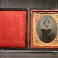 Lot 090 - Antique 1/9th Plate Tintype Photograph of a Young Girl in Off-Shoulders Dress in Full Intact Leatherette Union Case