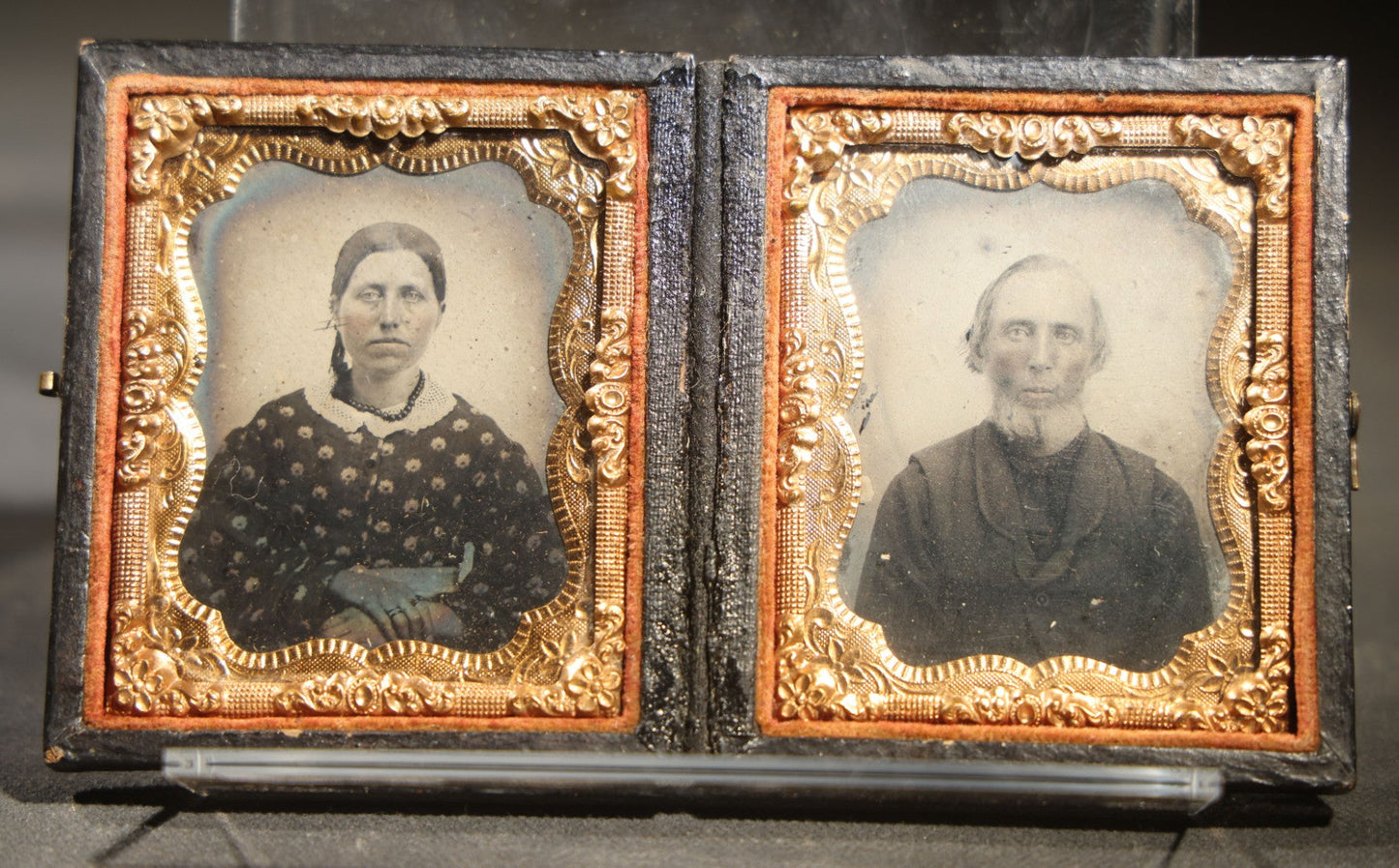Antique Double 1/9th Plate Tintype Photograph of a Woman in Polka Dot Dress and Man in Dark Clothing in Full Split Leatherette union Case