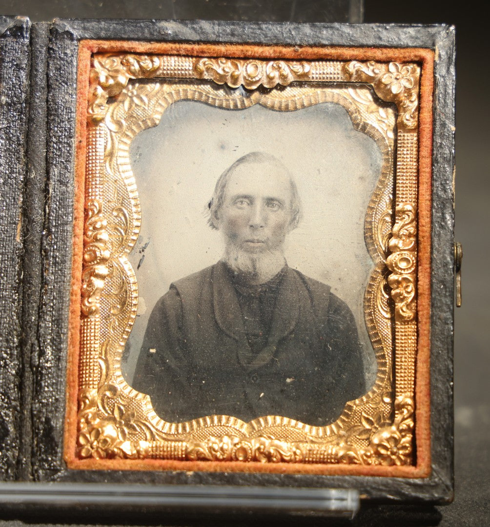 Antique Double 1/9th Plate Tintype Photograph of a Woman in Polka Dot Dress and Man in Dark Clothing in Full Split Leatherette union Case