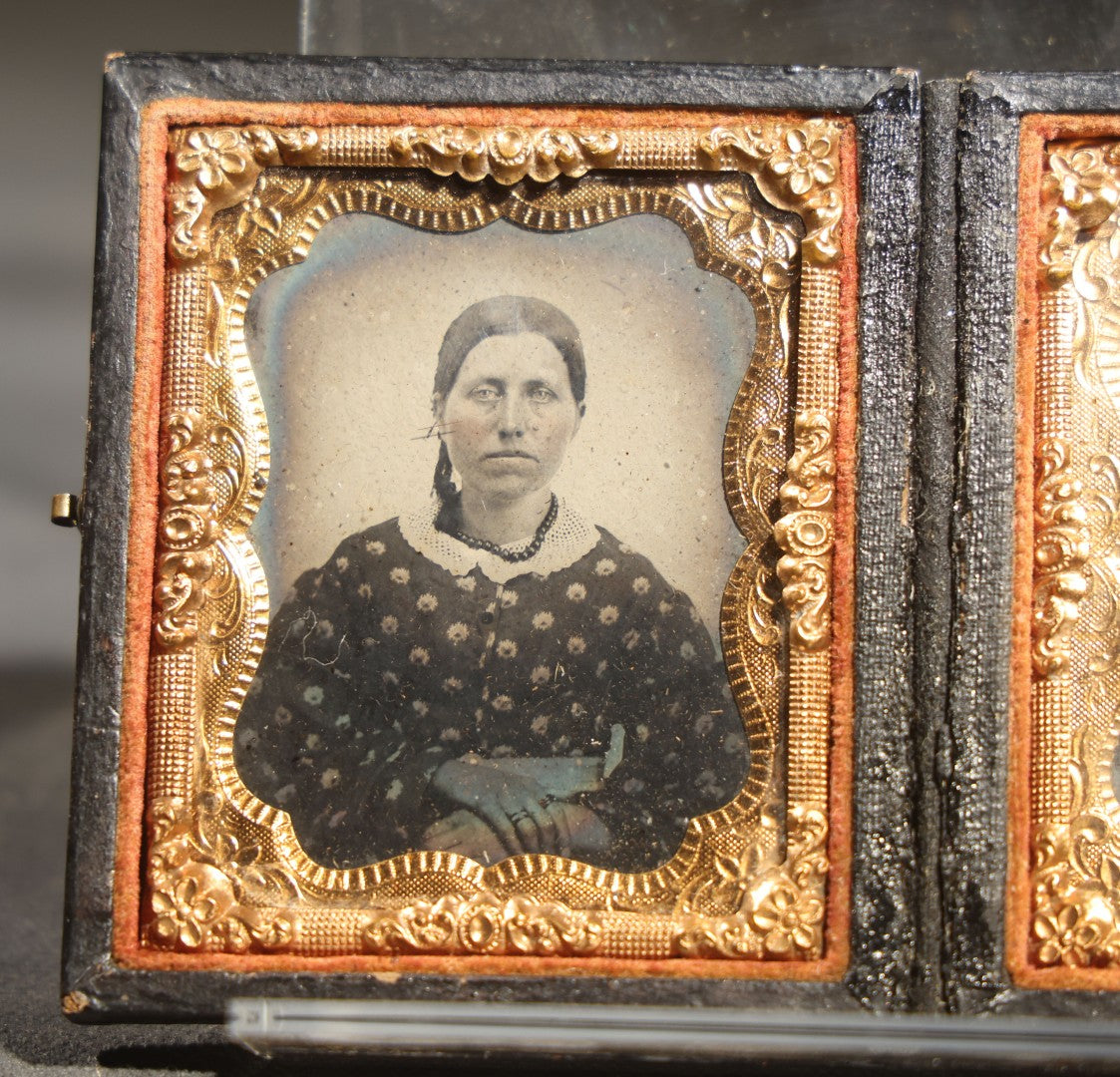 Antique Double 1/9th Plate Tintype Photograph of a Woman in Polka Dot Dress and Man in Dark Clothing in Full Split Leatherette union Case
