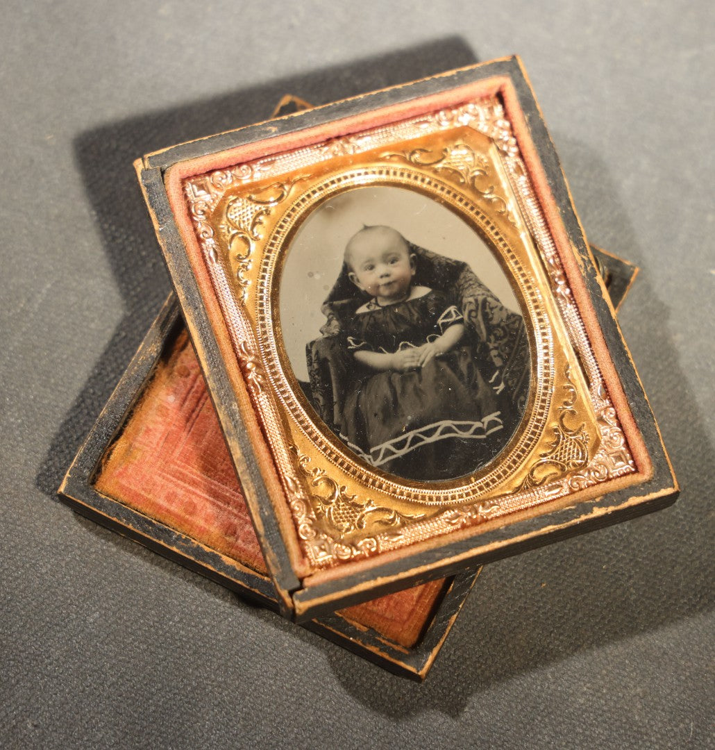 Antique 1/9th Plate Tintype Photograph of a Seated Baby in Split Leatherette Union Case