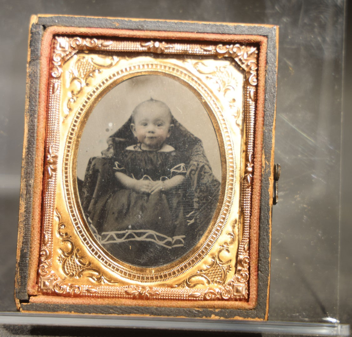 Antique 1/9th Plate Tintype Photograph of a Seated Baby in Split Leatherette Union Case