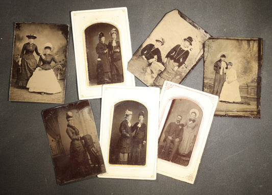 Grouping of Seven Antique Tintype Photographs of Women in Victorian Hats and Late 19th Century Dress
