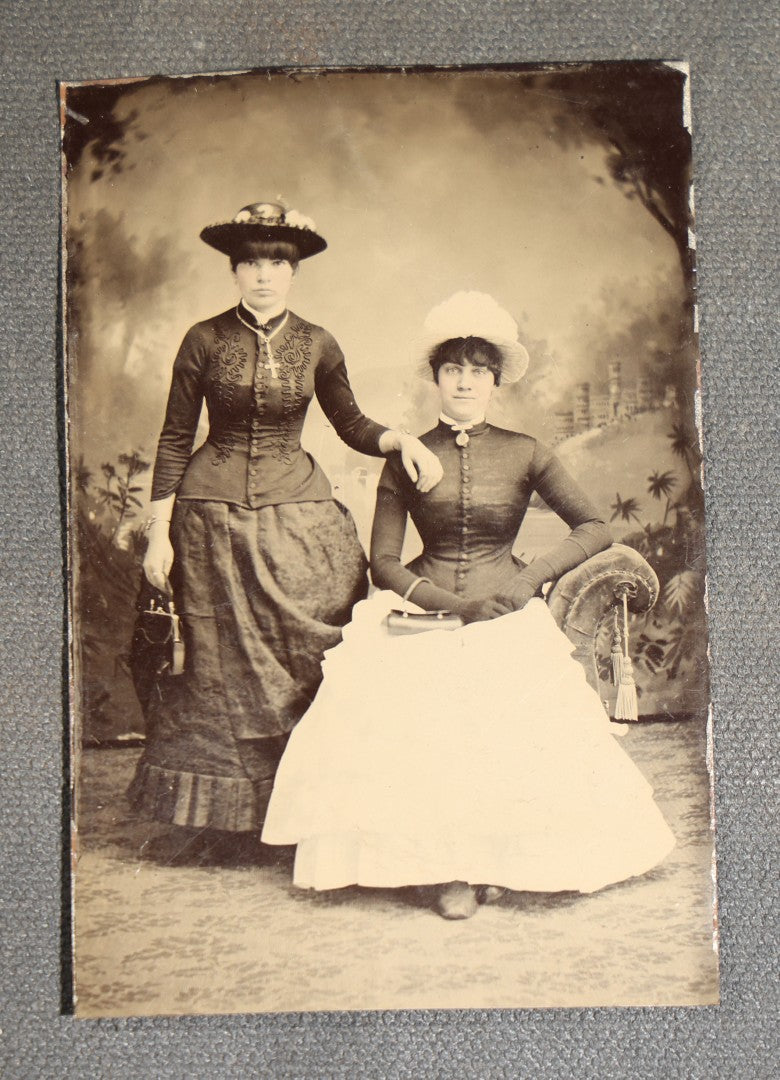 Grouping of Seven Antique Tintype Photographs of Women in Victorian Hats and Late 19th Century Dress