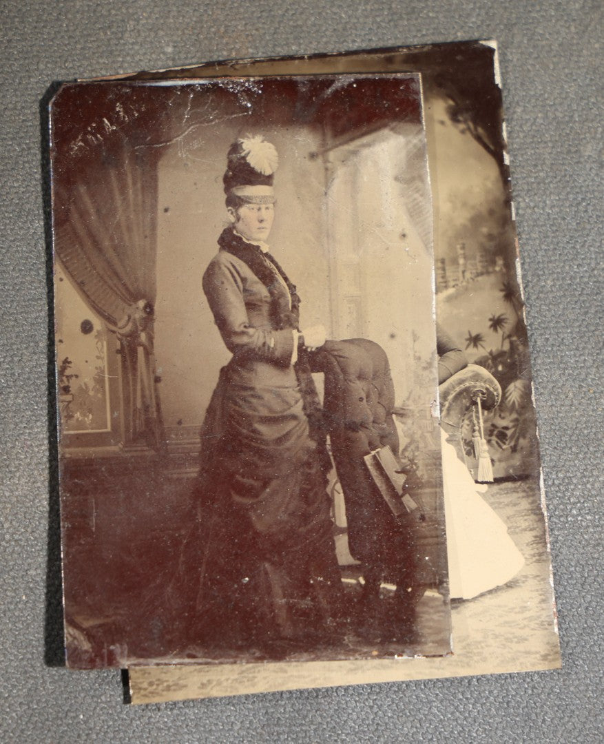 Grouping of Seven Antique Tintype Photographs of Women in Victorian Hats and Late 19th Century Dress