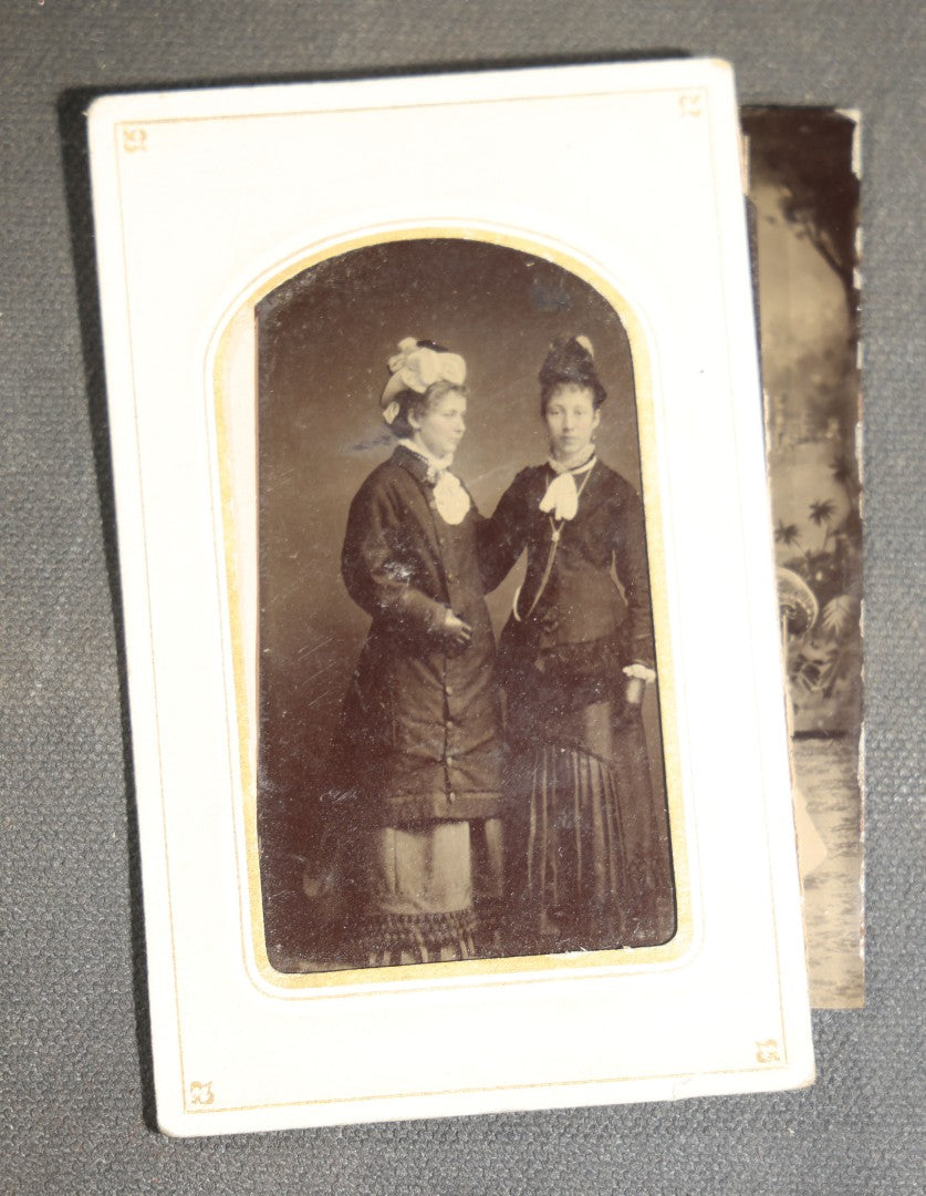 Grouping of Seven Antique Tintype Photographs of Women in Victorian Hats and Late 19th Century Dress