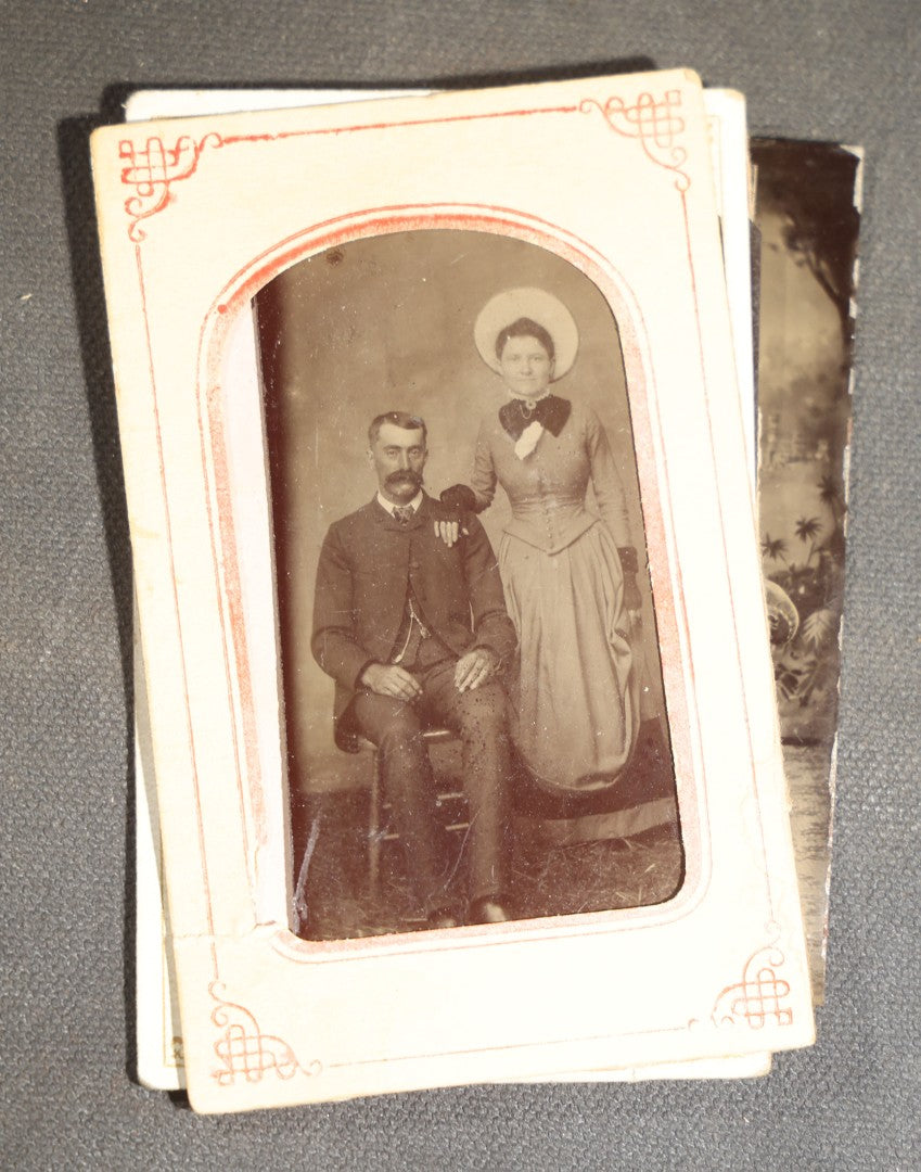 Grouping of Seven Antique Tintype Photographs of Women in Victorian Hats and Late 19th Century Dress