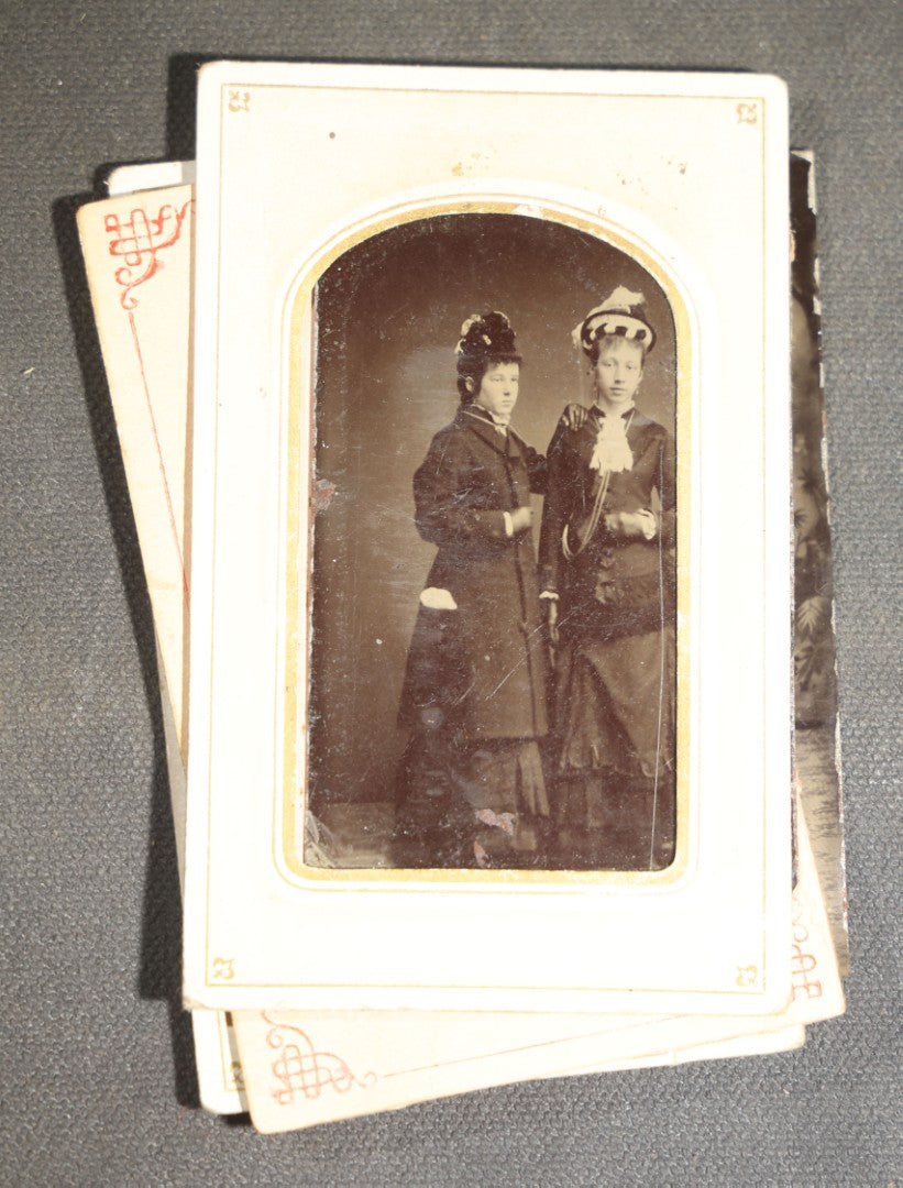 Grouping of Seven Antique Tintype Photographs of Women in Victorian Hats and Late 19th Century Dress