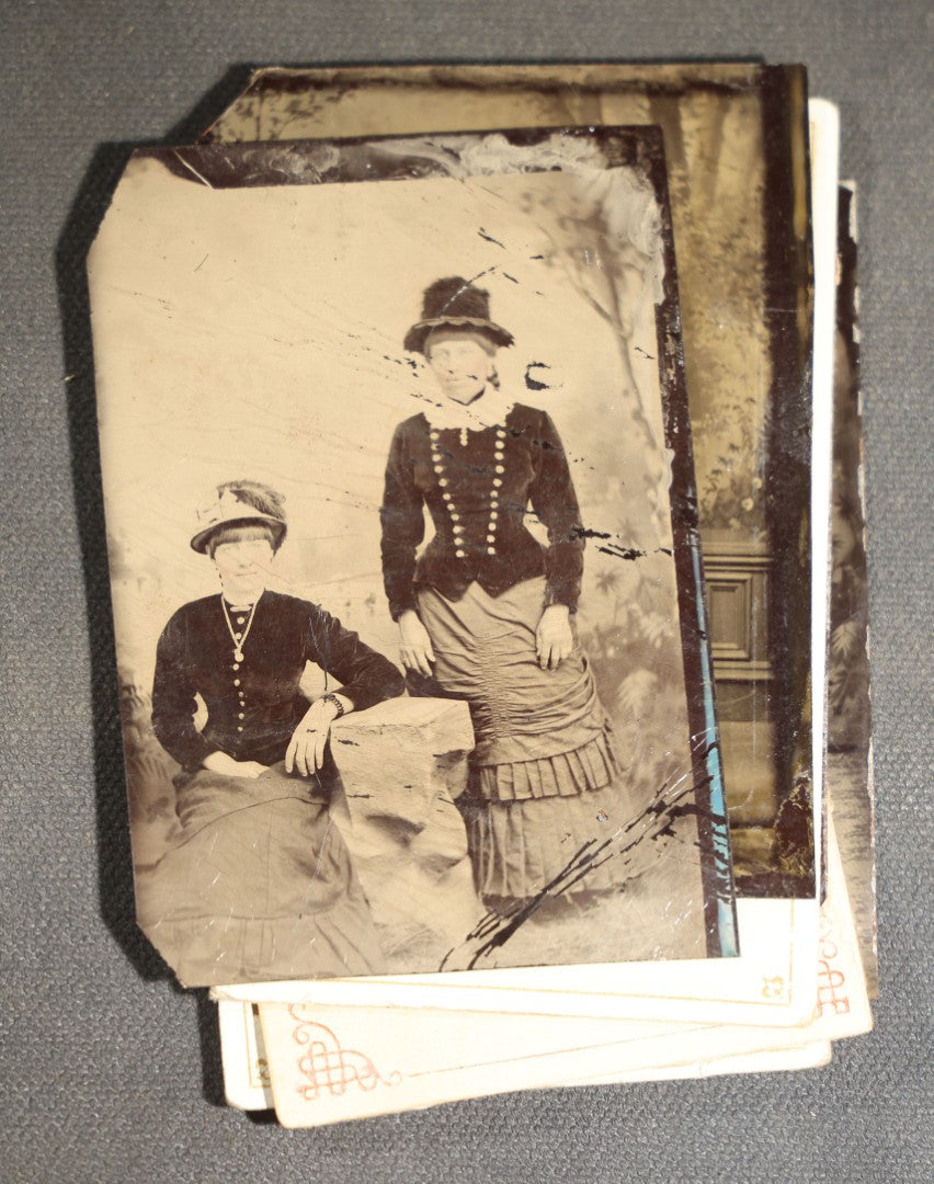 Grouping of Seven Antique Tintype Photographs of Women in Victorian Hats and Late 19th Century Dress