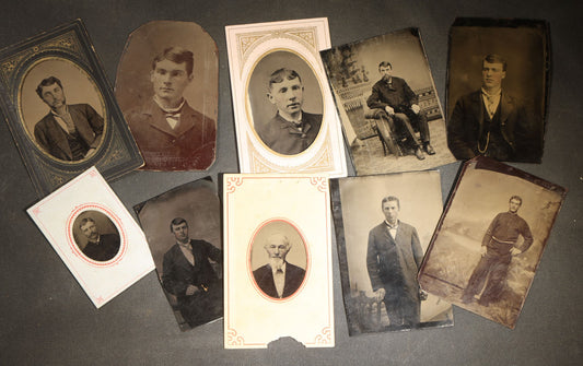 Grouping of 10 Antique Tintype Photographs of Men, Some in Paper Frames and Mats, Including Various Portrait Poses