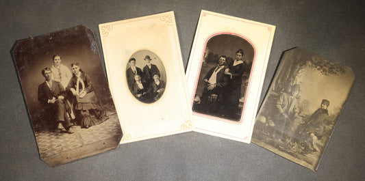 Grouping of Four Antique Tintype Photographs of Couples and Groups including Young Men Smoking Cigars