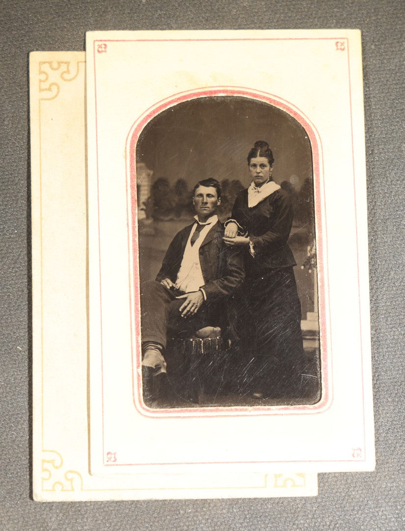 Grouping of Four Antique Tintype Photographs of Couples and Groups including Young Men Smoking Cigars