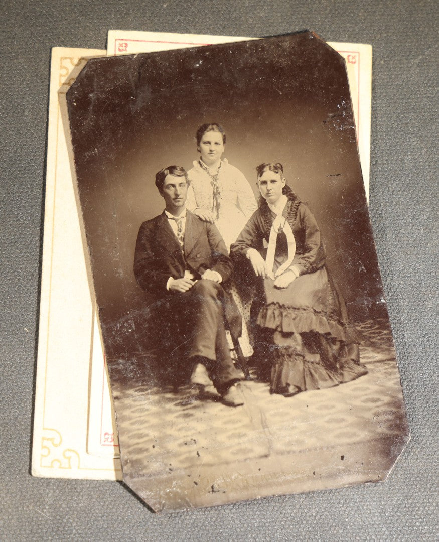 Grouping of Four Antique Tintype Photographs of Couples and Groups including Young Men Smoking Cigars