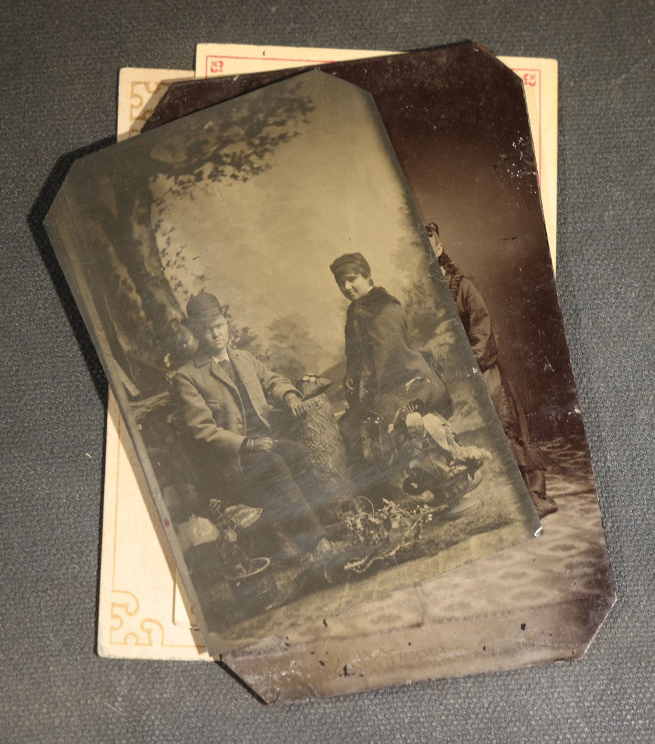Grouping of Four Antique Tintype Photographs of Couples and Groups including Young Men Smoking Cigars