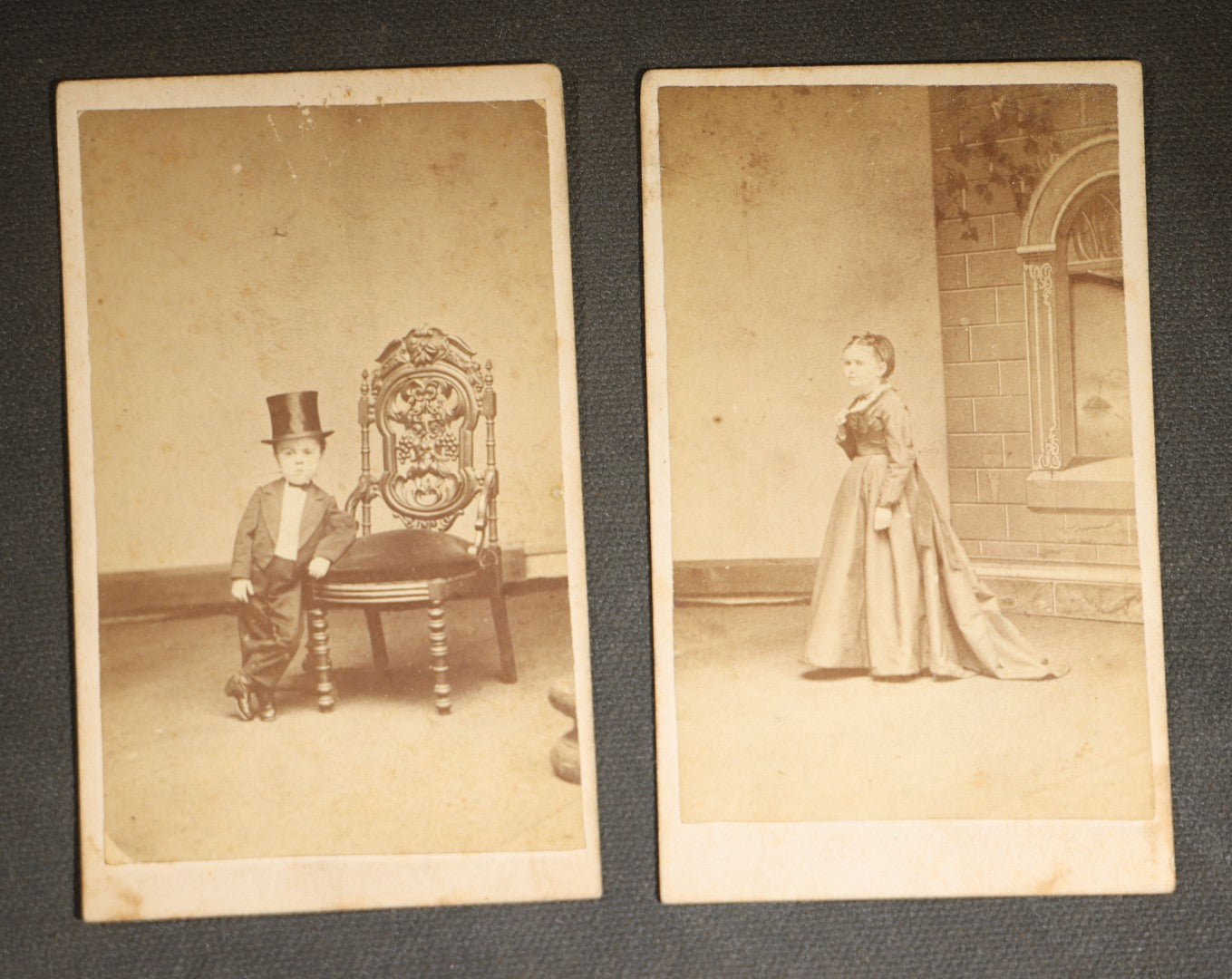 Pair of Antique Carte de Visite C.D.V. Photographs of Little People Including Grant Ballou and unidentified woman, photographed by C. T. Webber, Pittsburgh, Pennsylvania