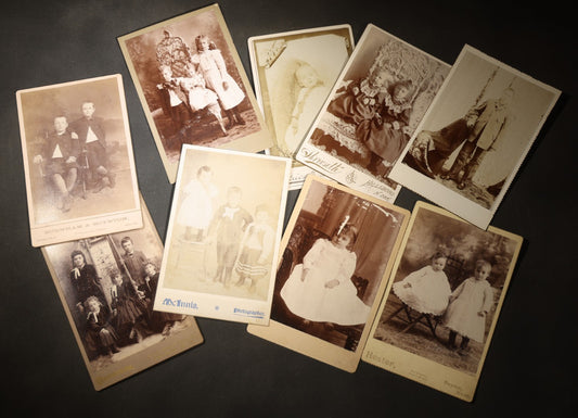 Grouping of Seven Antique Cabinet Card Photographs of Children Including Two Boys in Sailor Suits, with examples by J. L. Skrivseth, Hillsboro, North Dakota