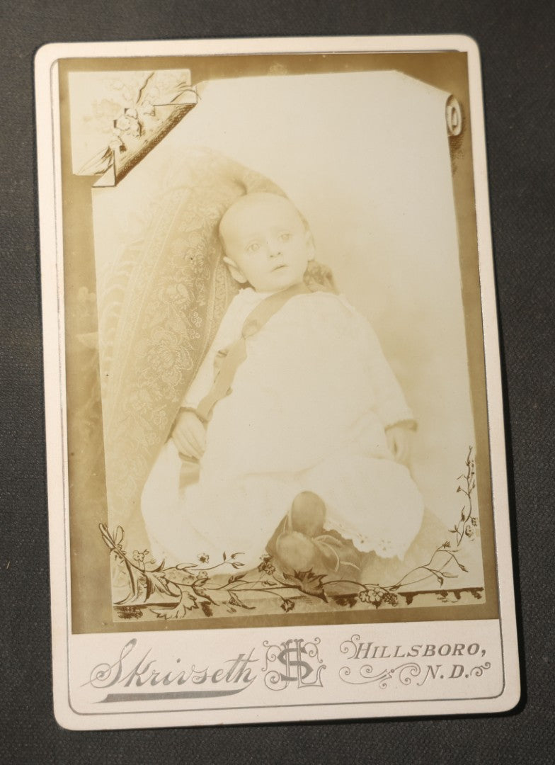 Grouping of Seven Antique Cabinet Card Photographs of Children Including Two Boys in Sailor Suits, with examples by J. L. Skrivseth, Hillsboro, North Dakota