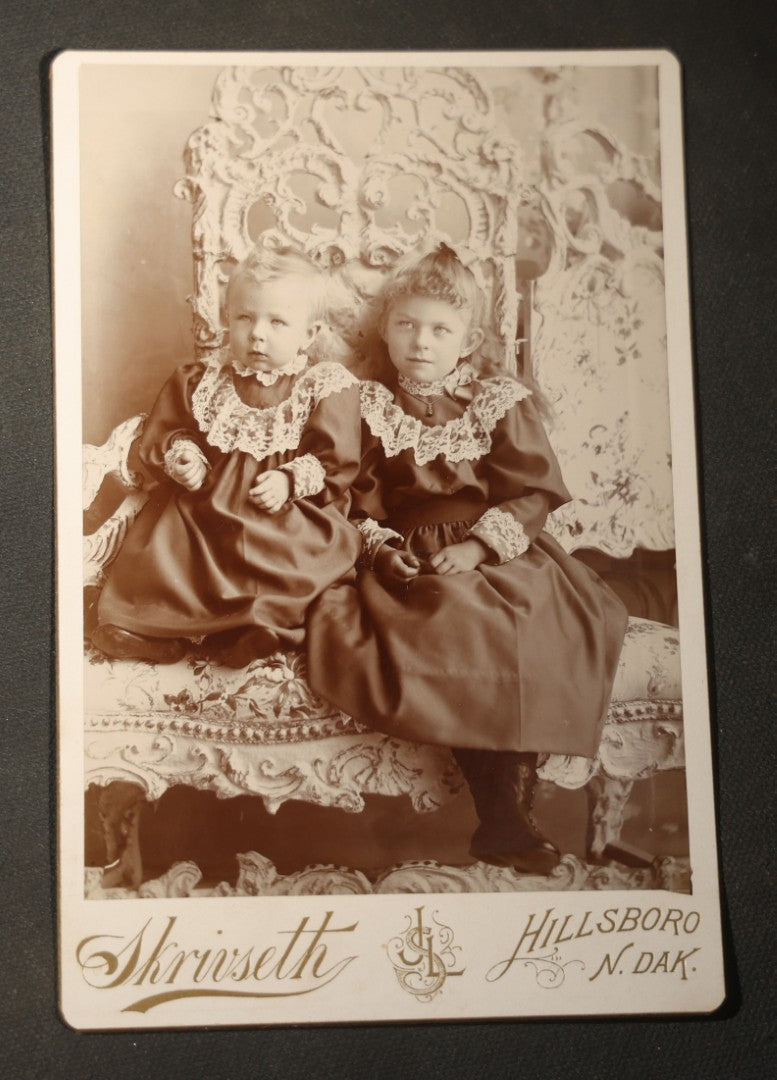 Grouping of Seven Antique Cabinet Card Photographs of Children Including Two Boys in Sailor Suits, with examples by J. L. Skrivseth, Hillsboro, North Dakota