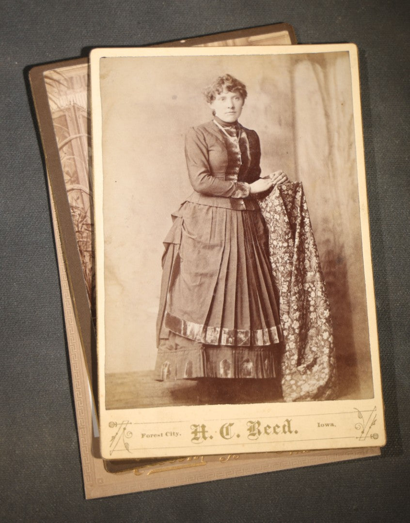 Grouping of Eight Antique Cabinet Card Photographs of Victorian Women Including examples by H.C. Reed, Forest City Iowa, Skrivseth, Hillsboro, North Dakota