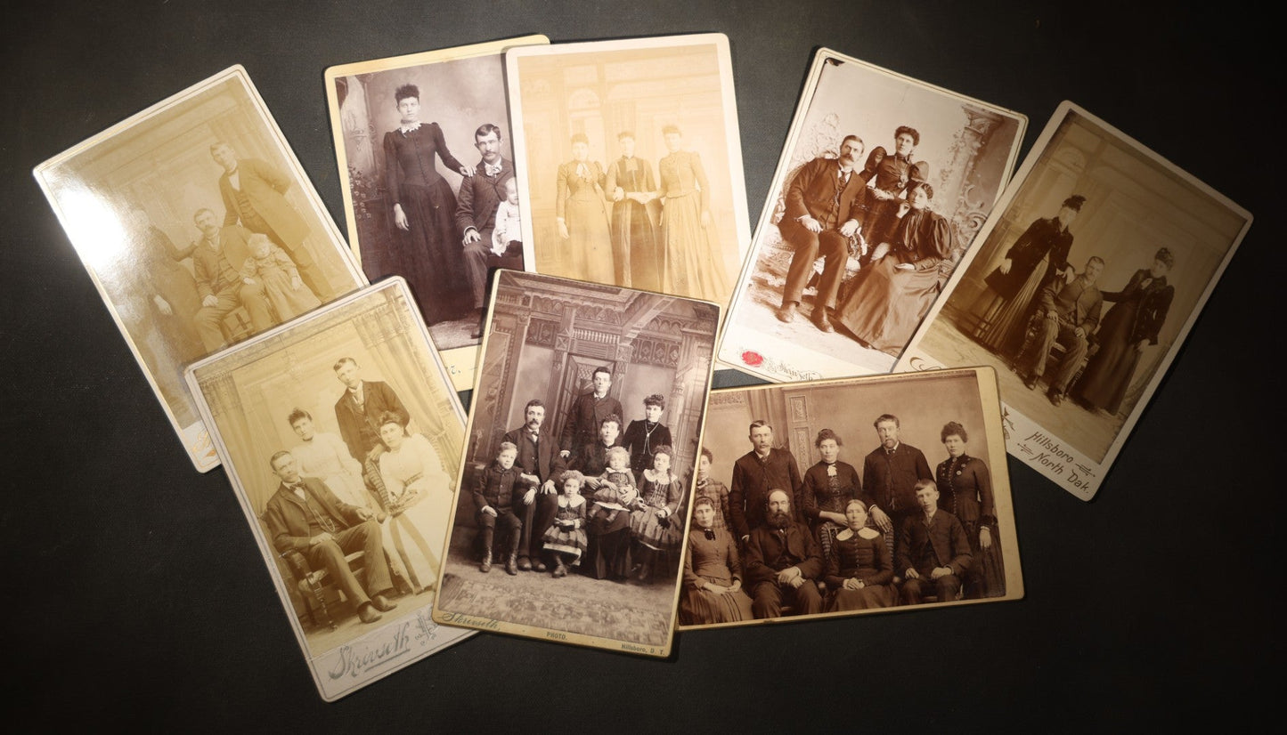 Grouping of Eight Antique Cabinet Card Photographs of Victorian Couples and Family Groups Including by Skrivseth, Hillsboro, North Dakota