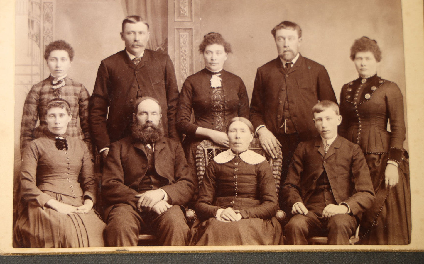 Grouping of Eight Antique Cabinet Card Photographs of Victorian Couples and Family Groups Including by Skrivseth, Hillsboro, North Dakota