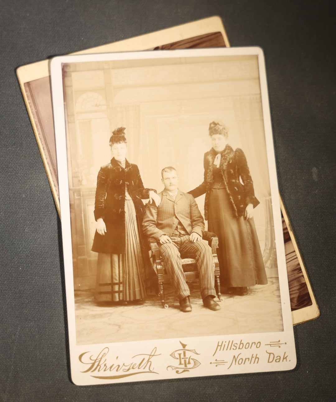 Grouping of Eight Antique Cabinet Card Photographs of Victorian Couples and Family Groups Including by Skrivseth, Hillsboro, North Dakota