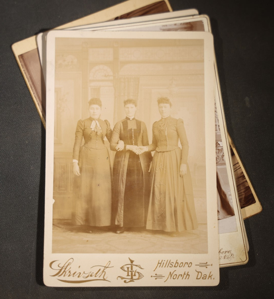 Grouping of Eight Antique Cabinet Card Photographs of Victorian Couples and Family Groups Including by Skrivseth, Hillsboro, North Dakota
