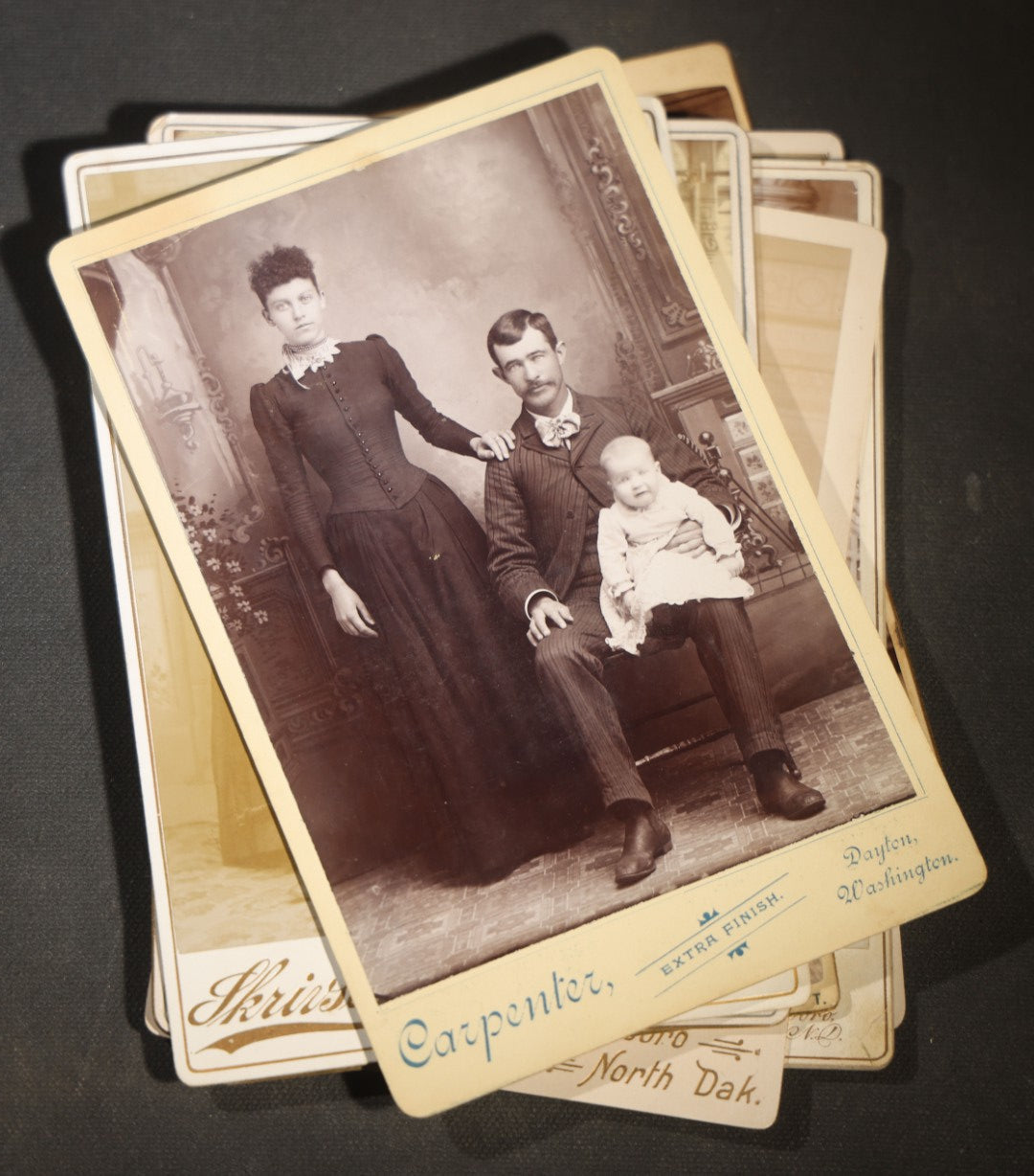 Grouping of Eight Antique Cabinet Card Photographs of Victorian Couples and Family Groups Including by Skrivseth, Hillsboro, North Dakota