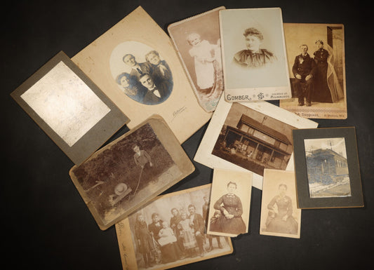 Grouping of 10 Antique and Vintage Photographs including a Boy with Wagon, a Railroad Car, C.D.V.s, cabinet cards, and Family Groups