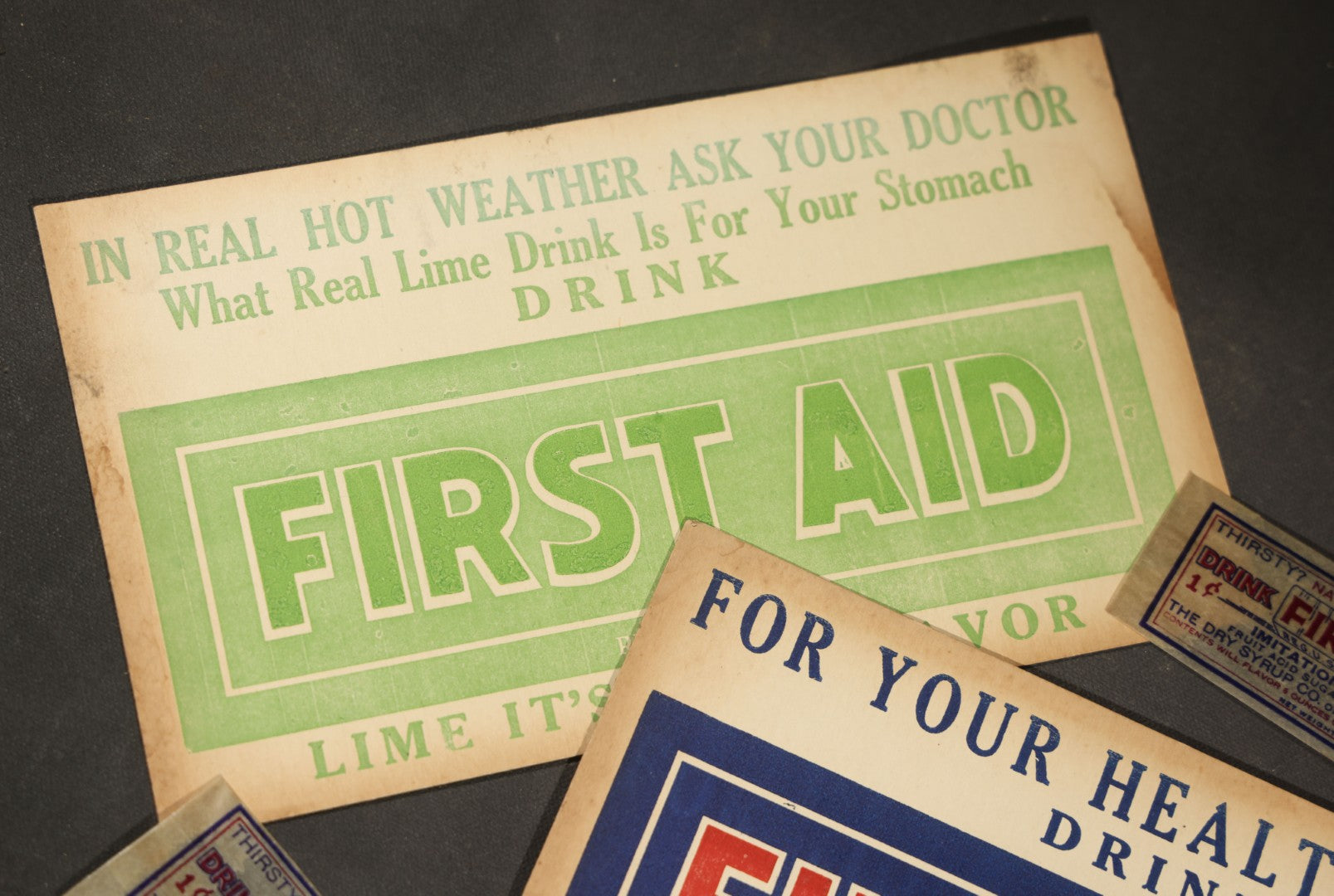 Grouping of Ten Antique and Vintage Paper Ephemera, including Scotts Emulsion Calendar 1898, Strohmeyer Inc. Animal Photographs, Kansas City Ice Storm Press Photo, First AidDrink Mix Labels