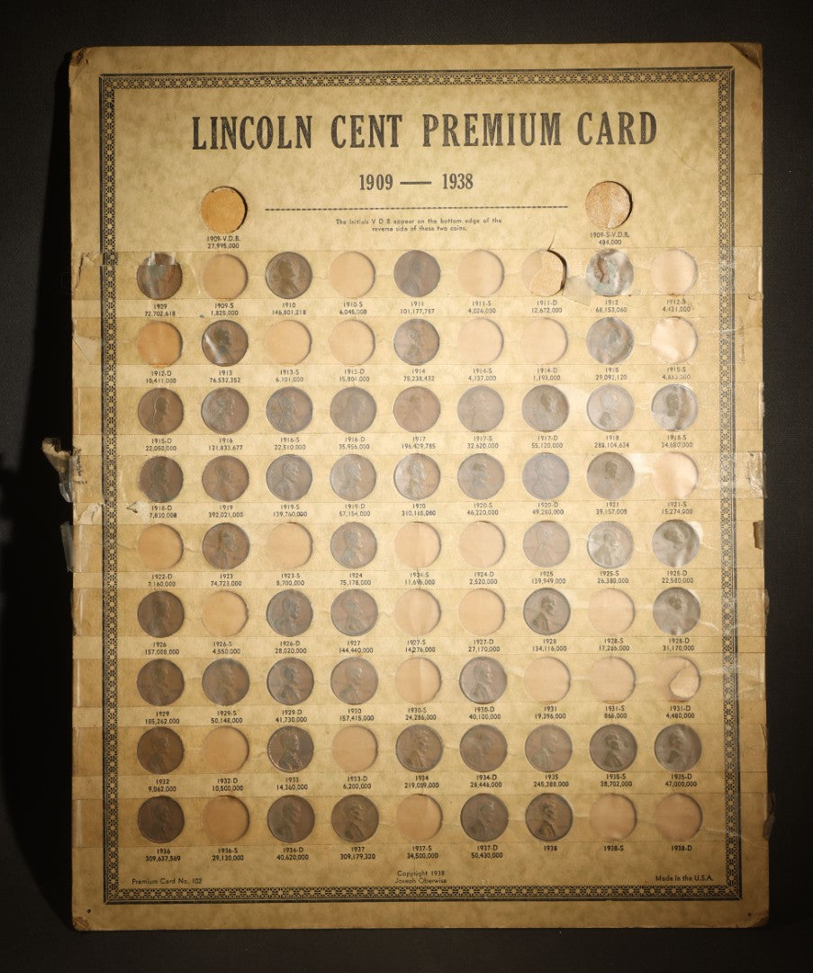 Vintage Lincoln Cent Premium Card 1909-1938, Distributed by J. Oberwise & Co., Los Angeles, California, note all over taped on front, incomplete