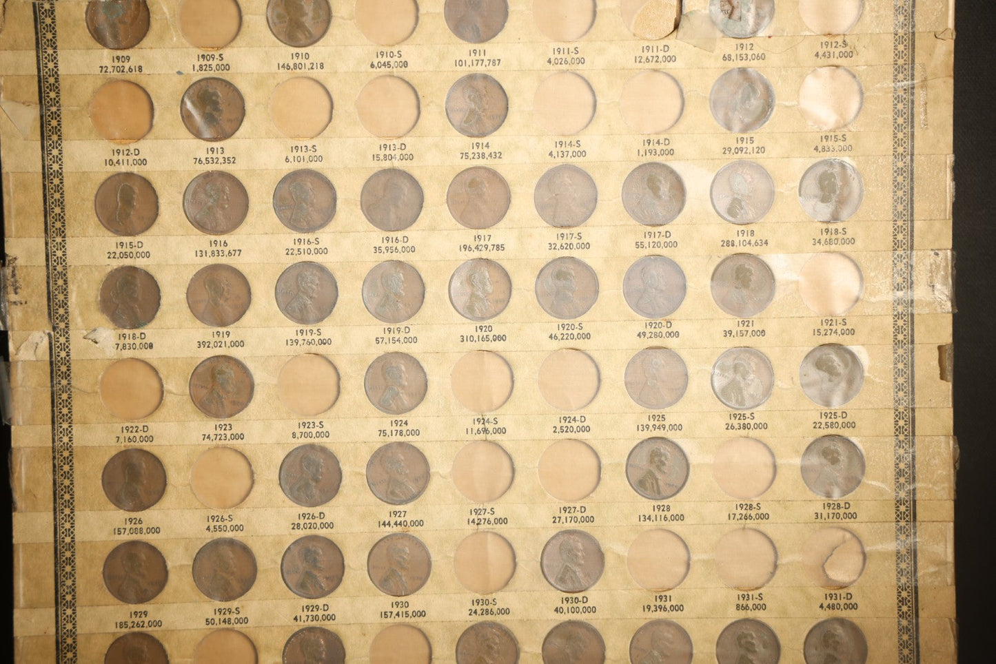 Vintage Lincoln Cent Premium Card 1909-1938, Distributed by J. Oberwise & Co., Los Angeles, California, note all over taped on front, incomplete