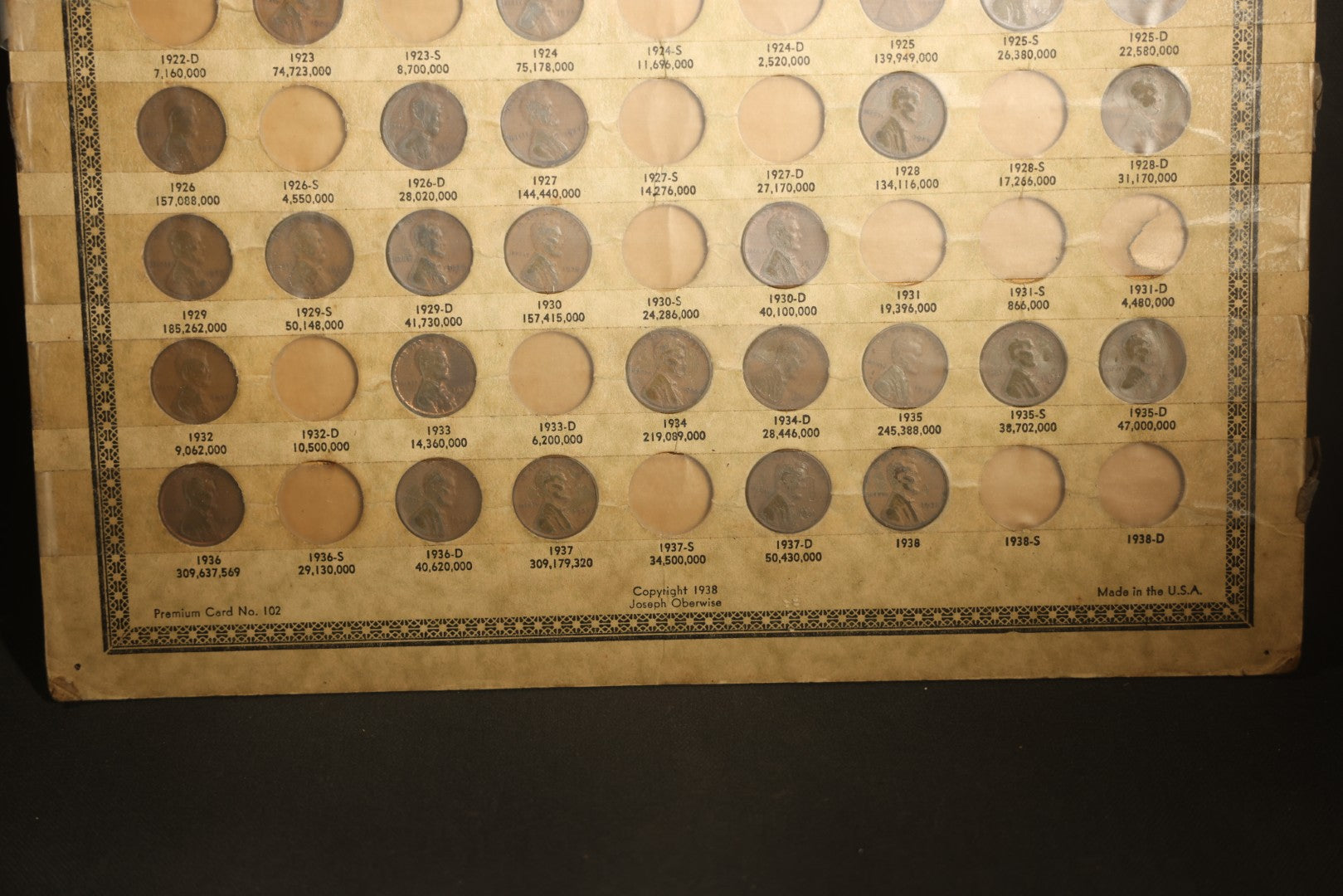 Vintage Lincoln Cent Premium Card 1909-1938, Distributed by J. Oberwise & Co., Los Angeles, California, note all over taped on front, incomplete