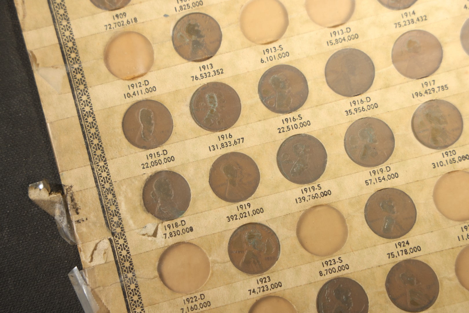 Vintage Lincoln Cent Premium Card 1909-1938, Distributed by J. Oberwise & Co., Los Angeles, California, note all over taped on front, incomplete