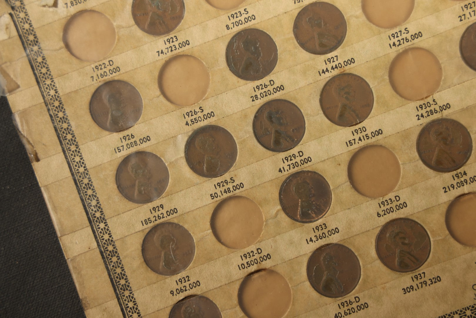 Vintage Lincoln Cent Premium Card 1909-1938, Distributed by J. Oberwise & Co., Los Angeles, California, note all over taped on front, incomplete