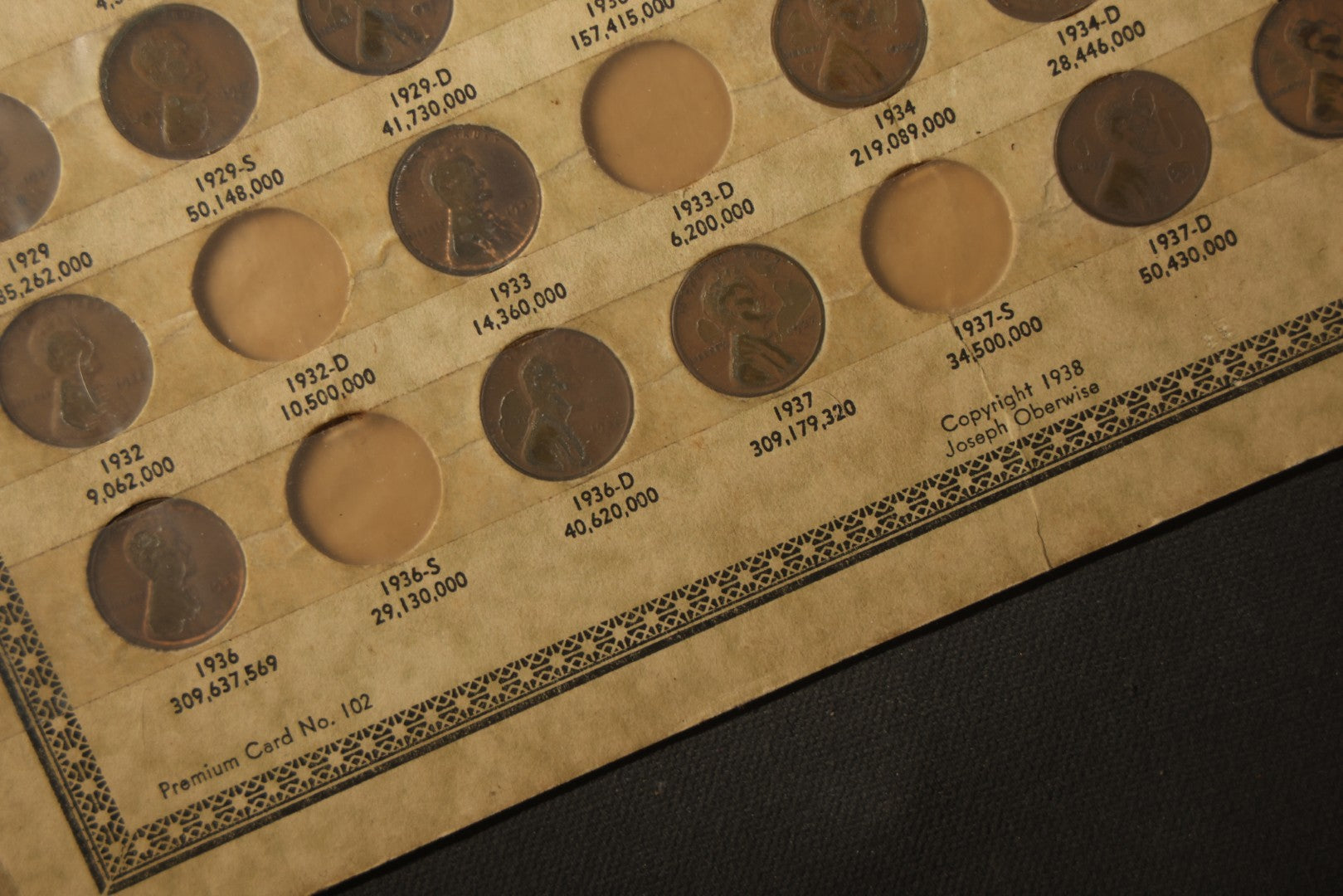 Vintage Lincoln Cent Premium Card 1909-1938, Distributed by J. Oberwise & Co., Los Angeles, California, note all over taped on front, incomplete
