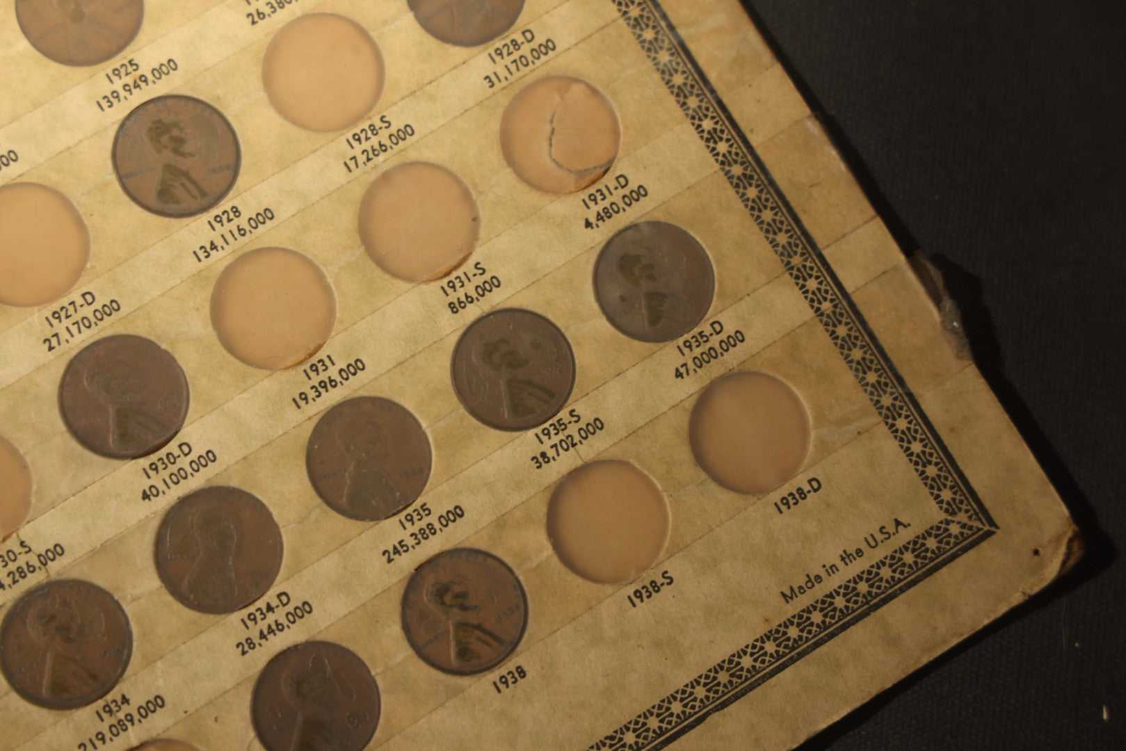 Vintage Lincoln Cent Premium Card 1909-1938, Distributed by J. Oberwise & Co., Los Angeles, California, note all over taped on front, incomplete