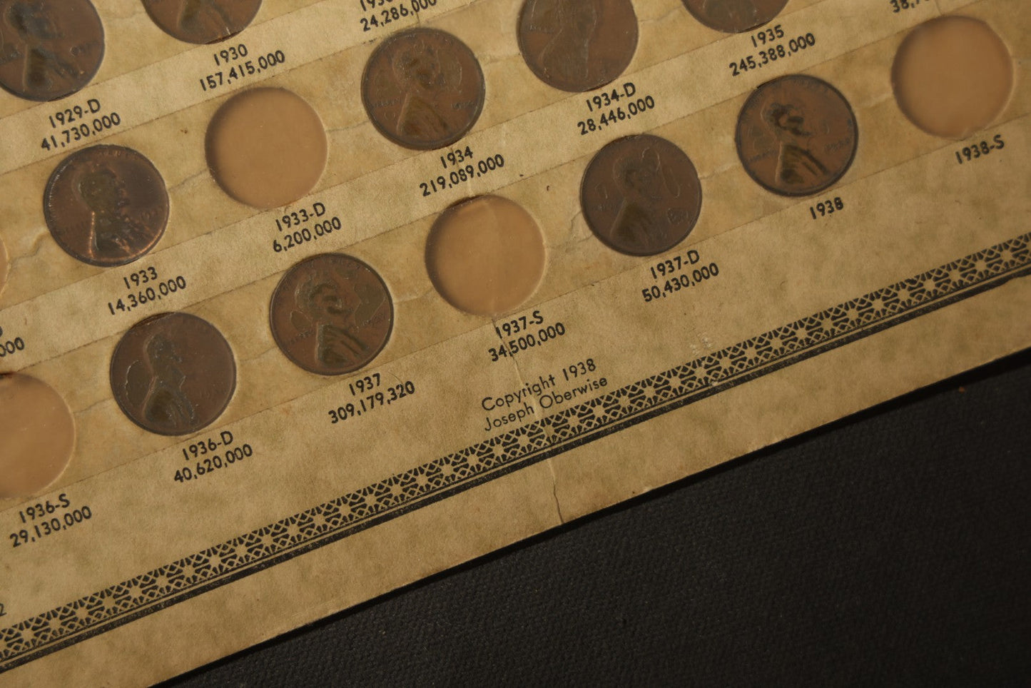 Vintage Lincoln Cent Premium Card 1909-1938, Distributed by J. Oberwise & Co., Los Angeles, California, note all over taped on front, incomplete